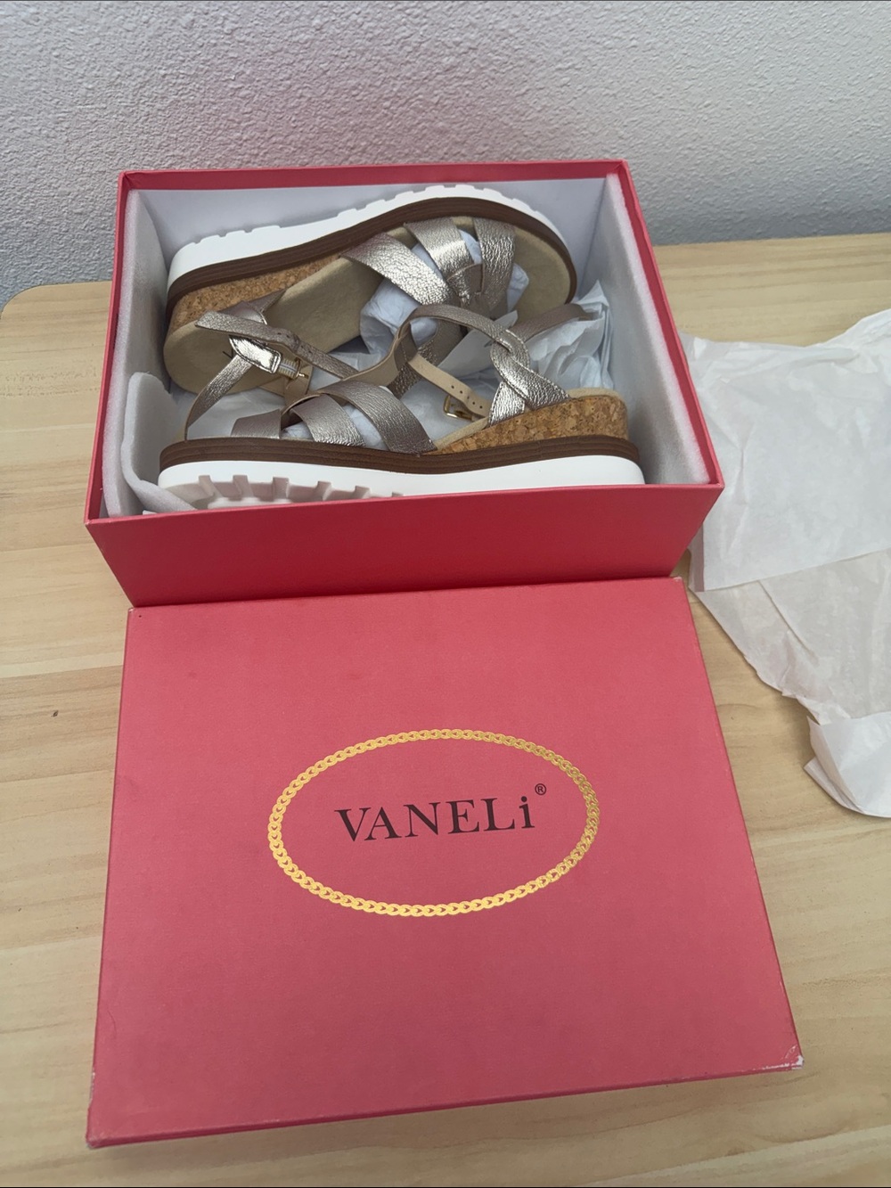Vaneli Metallic Silver Cork Wedge Sandals
